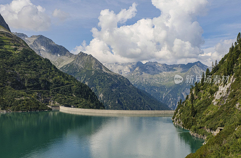 Fantastic mountain lake (Speicher See Zillergründl) Tyrol - Zillertal. On the way to Hohenaualm. (Reservoir for power generation)